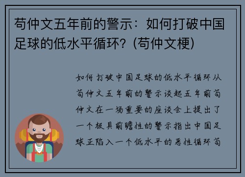 苟仲文五年前的警示：如何打破中国足球的低水平循环？(苟仲文梗)