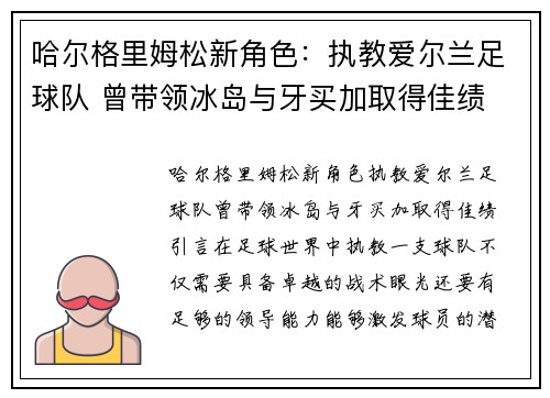 哈尔格里姆松新角色：执教爱尔兰足球队 曾带领冰岛与牙买加取得佳绩