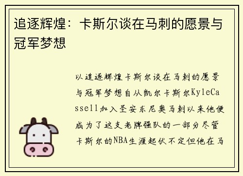 追逐辉煌：卡斯尔谈在马刺的愿景与冠军梦想