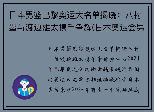 日本男篮巴黎奥运大名单揭晓：八村塁与渡边雄太携手争辉(日本奥运会男篮八强)